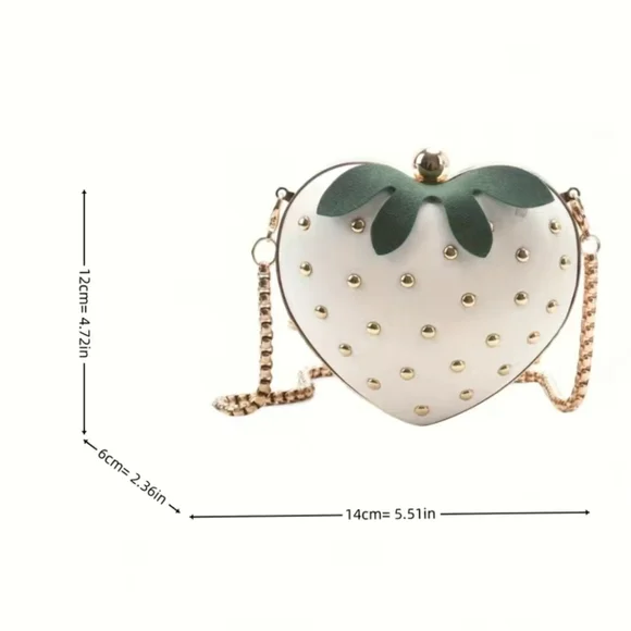 ✨️🤍 Mini WHITE Heart Shaped novelty Bag, Strawberry Design Rivets  Crossbody 🤍 - Picture 3 of 8